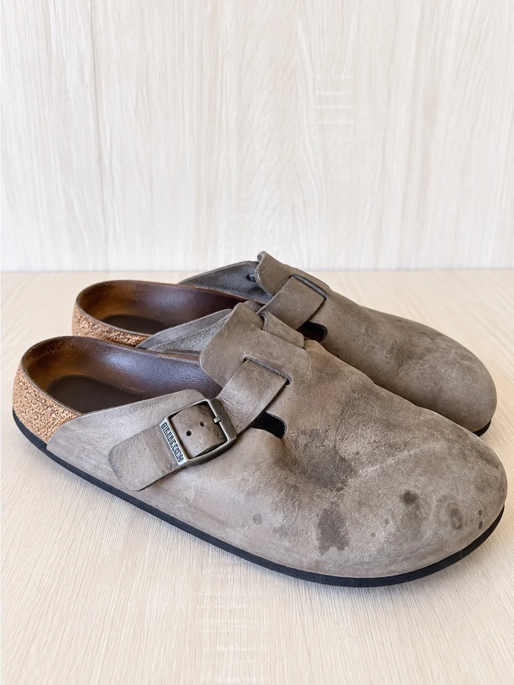 Birkenstock Boston Clogs Gray Taupe Leather Buckle Slip On Shoes Size 44